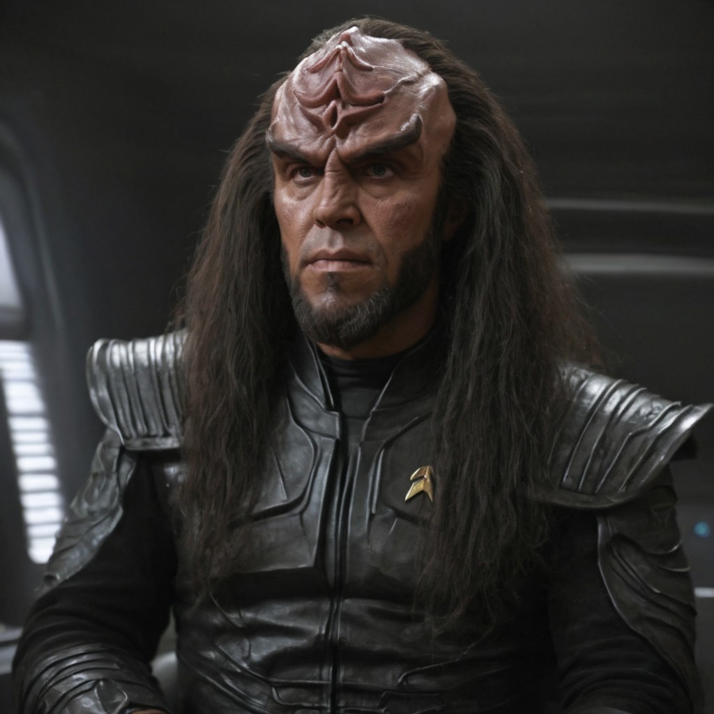 8k, hyper realistic, Klingon male, black leather uniform, large klingon forehead, on a spaceship, dark lighting, dark hair, mean expression, Detailed natural skin and blemishes without-makeup and acne, look.