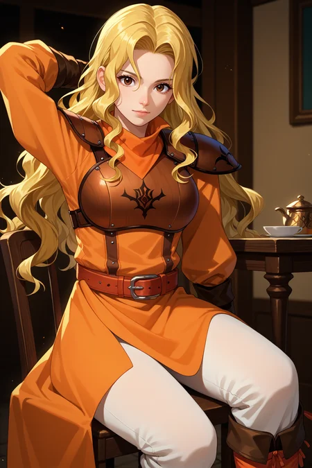 score_9, score_8_up, score_7_up, score_6_up, source_anime, 1girl, solo, <lora:febrigid-pdxl-nvwls-v1-000005:1> fe4ey, blonde hair, wavy hair, long hair, brown eyes, orange dress, long sleeves, armor, shoulder pads, breastplate, belt, fingerless gloves, white pants, brown boots, big breasts, sitting, chair, indoors, looking at you, arm behind head