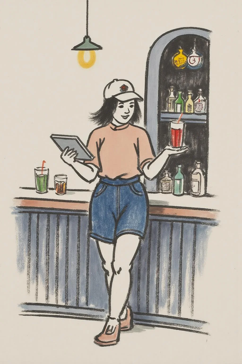 fzk1 minimalist ink painting. The backgrouind is stark white.
The air buzzes with the energy of a busy bar, a mix of music, conversation, and the clinking of glasses. A barmaid, the embodiment of youthful vibrancy, navigates the lively scene. She wears a peach-coloured T-shirt, the soft fabric contrasting with the smooth, cold glass of coke she carries on a small tablet. Her short skirt adds a playful touch, and a backwards baseball cap hints at a carefree attitude. The setting and atmosphere are palpable: the warm, slightly sticky surface of the bar counter under her fingertips, the dim, colourful lighting that casts playful shadows. Sensory details are abundant: the condensation forming on the glass of coke, the texture of her denim skirt, and the way the bar lights catch the highlights in her hair. Her confident stride, her quick smile, and her efficient movements. Stylistically, the image draws inspiration from the vibrant, candid shots of nightlife photographers, with a touch of the stylized realism found in contemporary illustration. There's a deliberate contrast between the barmaid's youthful energy and the slightly worn, lived-in atmosphere of the bar, creating a dynamic and engaging image.
<lora:fzk2_nocap_d6a3:1.0><lora:815043527294650657:0>
