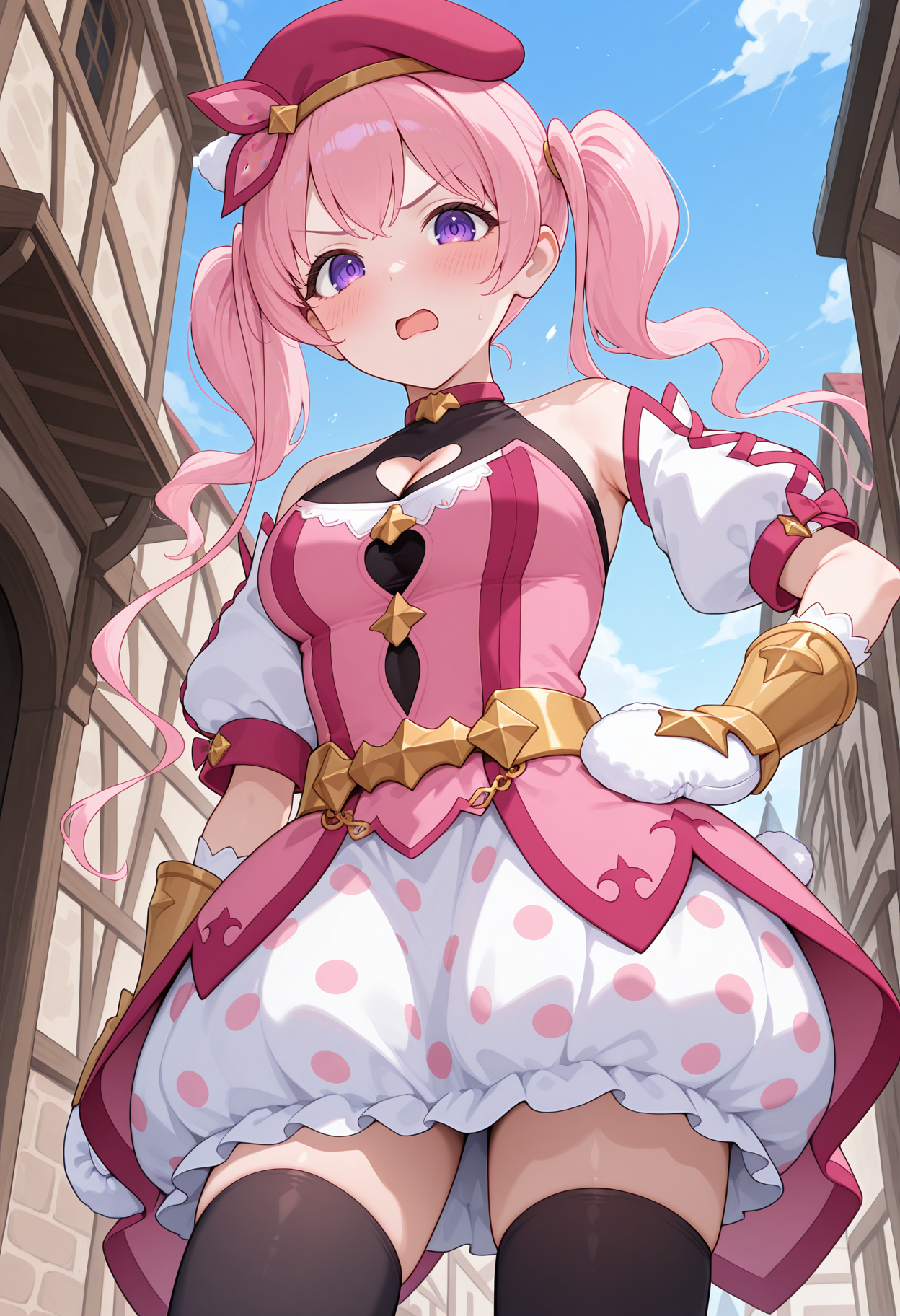 highres, best quality, masterpiece, street, outdoors, medieval, blue sky,
1girl, solo, pcrmugi, pink hair, long hair, twintails, purple eyes,
pmugidef, beret, red choker, pink dress, striped dress, red stripes, chain, strapless dress, sleeveless shirt, black shirt, heart cutout, cleavage cutout, bare shoulders, detached sleeves, puffy short sleeves, white sleeves, cross-laced sleeves, white mittens, vambraces, gloves, gold belt, gold chain, pom pom \(clothes\), polka dot skirt, bubble skirt, white skirt, black thighhighs, overskirt,
looking at viewer, blush, angry, open mouth, 
standing, hand on own hip, from below,
<lora:_tsumugi_pcr-elesico-ilxlB:1>