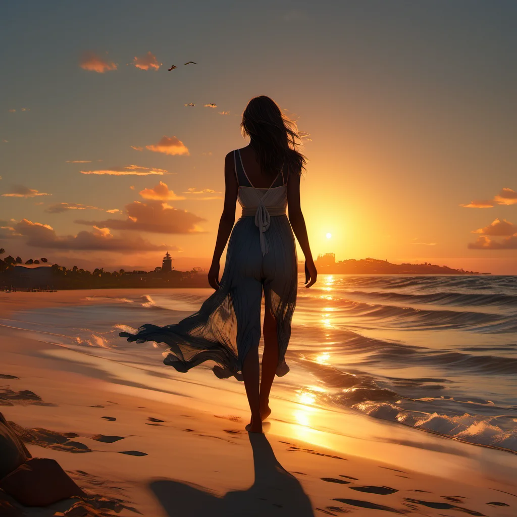 GWMDetail, a yong woman walking on the beach at sunset, highly detailed body, best quality, high quality, masterpiece, 8K UHD, highly detailed, ultra detailed <lora:GWMDetail_v1.0:1.0>