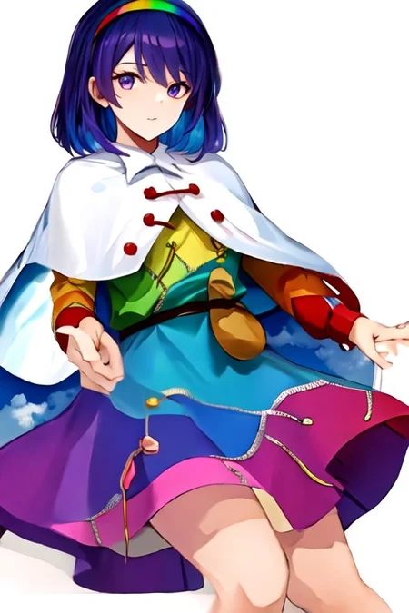 solo_focus, 1girl, ((white background, simple background)):2, (((masterpiece))), ((best quality)), ((ultra-detailed)), high resolution, absurdres, highres, ultra-detailed 8k unity wallpaper, 
Tenkyuu Chimata, multicolored hairband, multicolored dress, zipper lines (clothes), cape, cloud print, brown bag belt, pink boots,