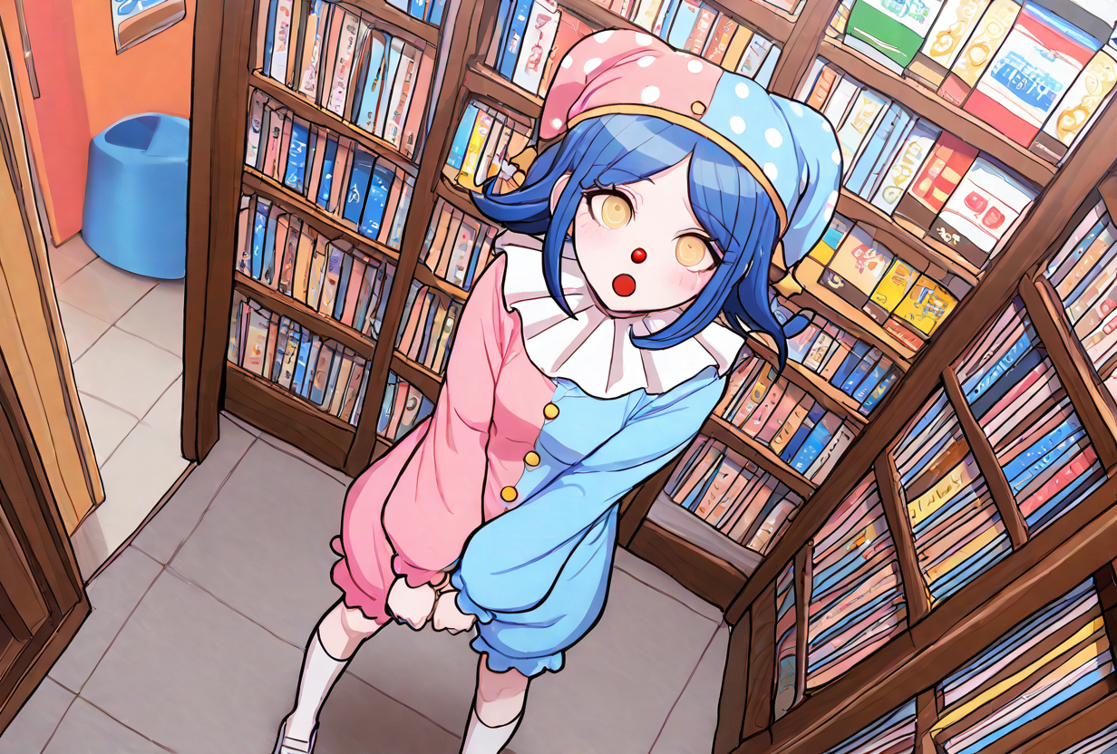 (((solo))), masterpiece, best quality, very aesthetic,  modern, modern anime,  isometric view , curious expression  , (((solo))),danganronpa_(series),<lora:Satsuki_Iranami_Illustrious:1>, This is an anime screencap from Danganronpa 3. . Satsuki Iranami in the school store, performing an impromptu show with merchandise. She's created a mobile out of hanging school supplies, spinning each item in perfect orbits while balancing on a tower of stacked erasers. Her split-colored costume matches the colorful array of school supplies floating around her.  Satsuki Iranami is wearing a two-toned jester-like outfit split vertically down the middle with blue on the left side and pink on the right, and a matching jester's cap with white polka dots and a yellow band. Her costume features a white ruffled collar, yellow buttons down the front and curled shoes. Satsuki has short blue hair and striking yellow eyes. She wears a red clown nose.