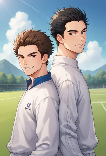 score_9, score_8_up, source_anime, highly detailed,
multiple boys, 2boys, male focus, smile, black hair, black eyes, brown hair, sportwear, back-to-back
outdoor,