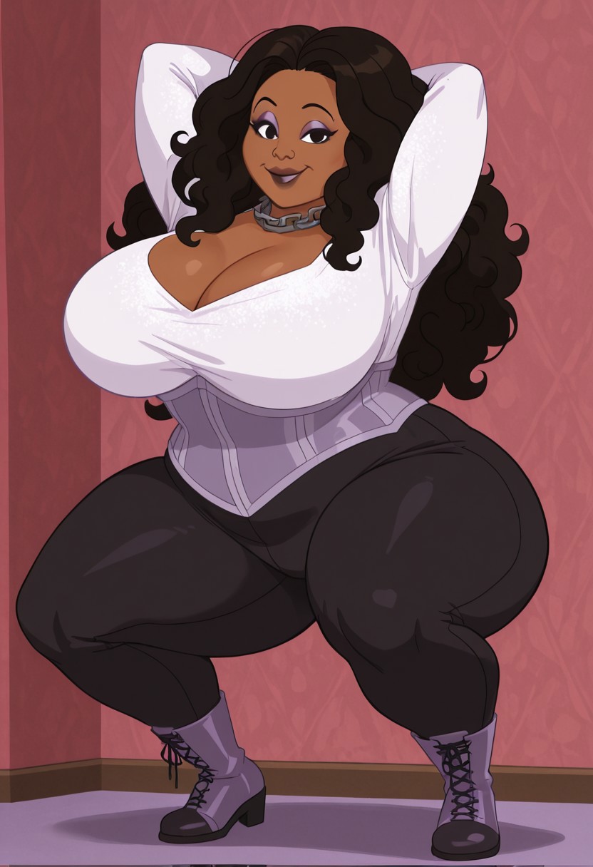 show accurate,,looking at viewer,show accurate,The Proud Family  style, 1girl, standing,long hair,curled hair,
squatting,hands behind head,cleavage
huge breasts, dark skin,bbw,huge breasts,huge hips,huge thighs
white shirt with glitter,corset ,black pants,boots, smile,  eyeshadow
lipstick,chain collar
upper body,portrait,face focus