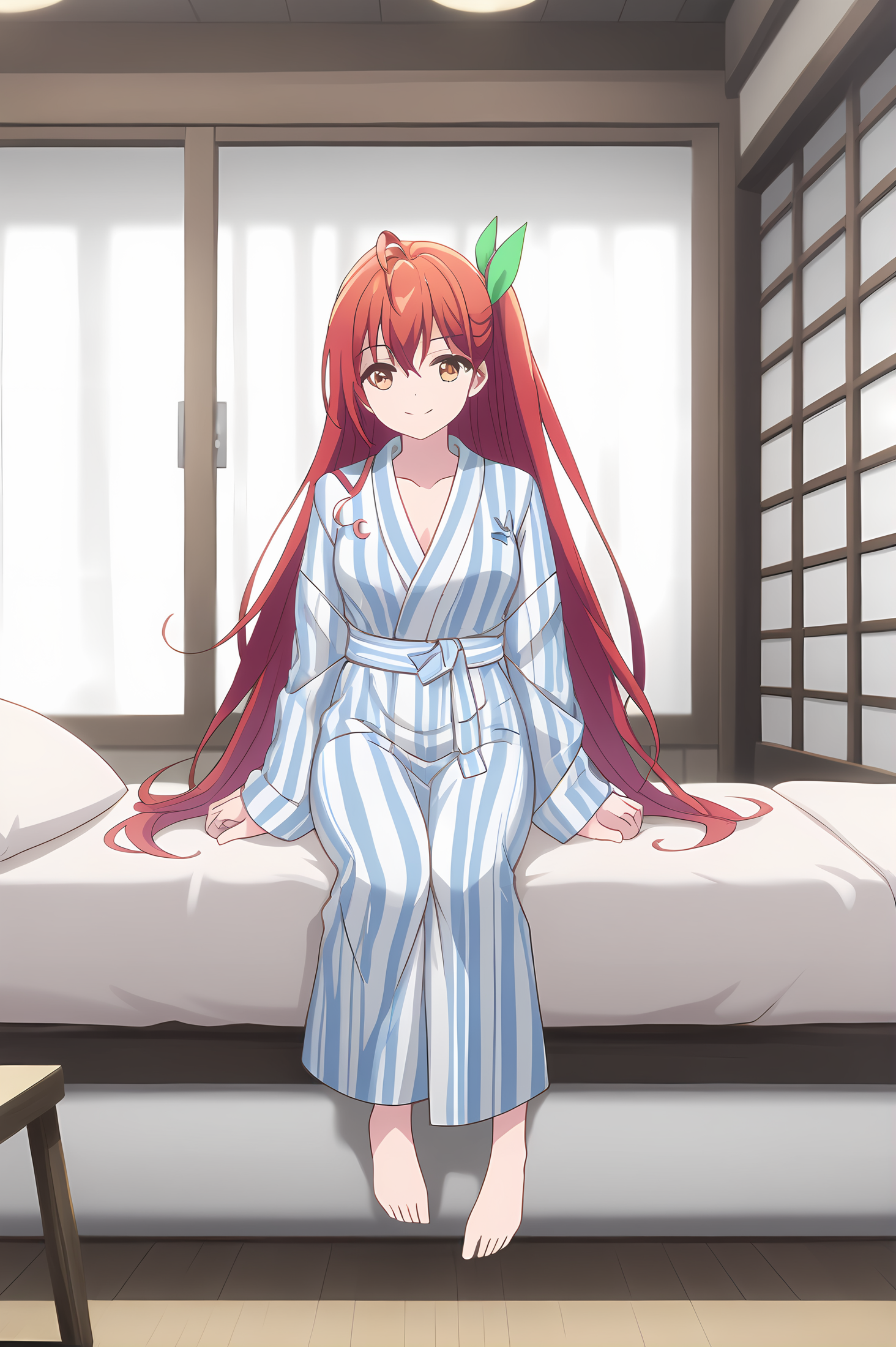 (yukata:1.20), gg-leoleshea, red hair, long hair, hair ribbon, medium breasts, 1girl, solo, (skinny, petite), score_9, score_8_up, score_8, score_7_up, score_7, score_6_up, score_6, score_5_up, score_5, source_anime, light smile, indoors, (1.3::full body|0.3::sitting|0.4::standing|0.4::lying|straight-on|0.6::close-up| :1.20), feet, <lora:gg-leoleshea-V01-000003:0.90>