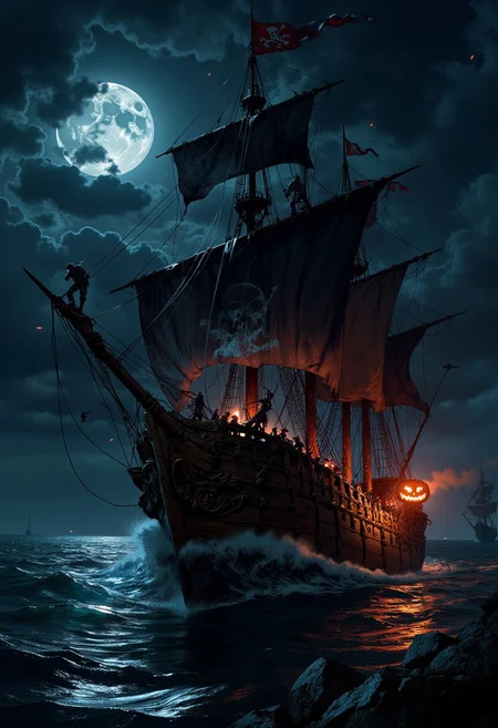 A pirate ship with an undead crew sailing on a dark sea under the moonlight, a jack-o-lantern glimmering at its bow.