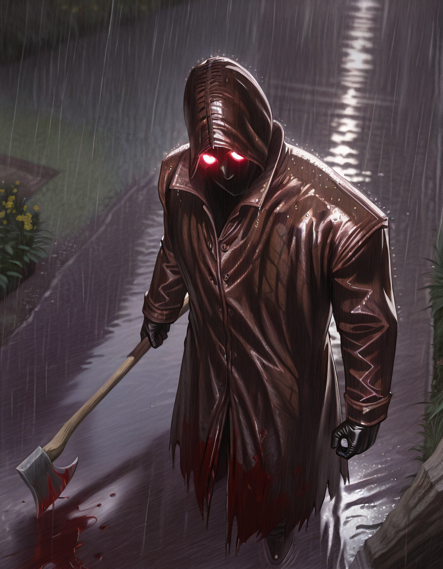 Masterpiece, realistic, hires, detailed face and eyes, ultra quality, Beautiful background, garden, sharp quality, 1boy, dp_killer, solo, {{very glowing eyes}}, holding big wood axe, coat, rain, mask    <lora:Deadly_Premonition_raincoat_killer:1> blood on coat,  gesture hand,  gesture no, glowing, disappointing , glove, from above, Dutch angle, full body,