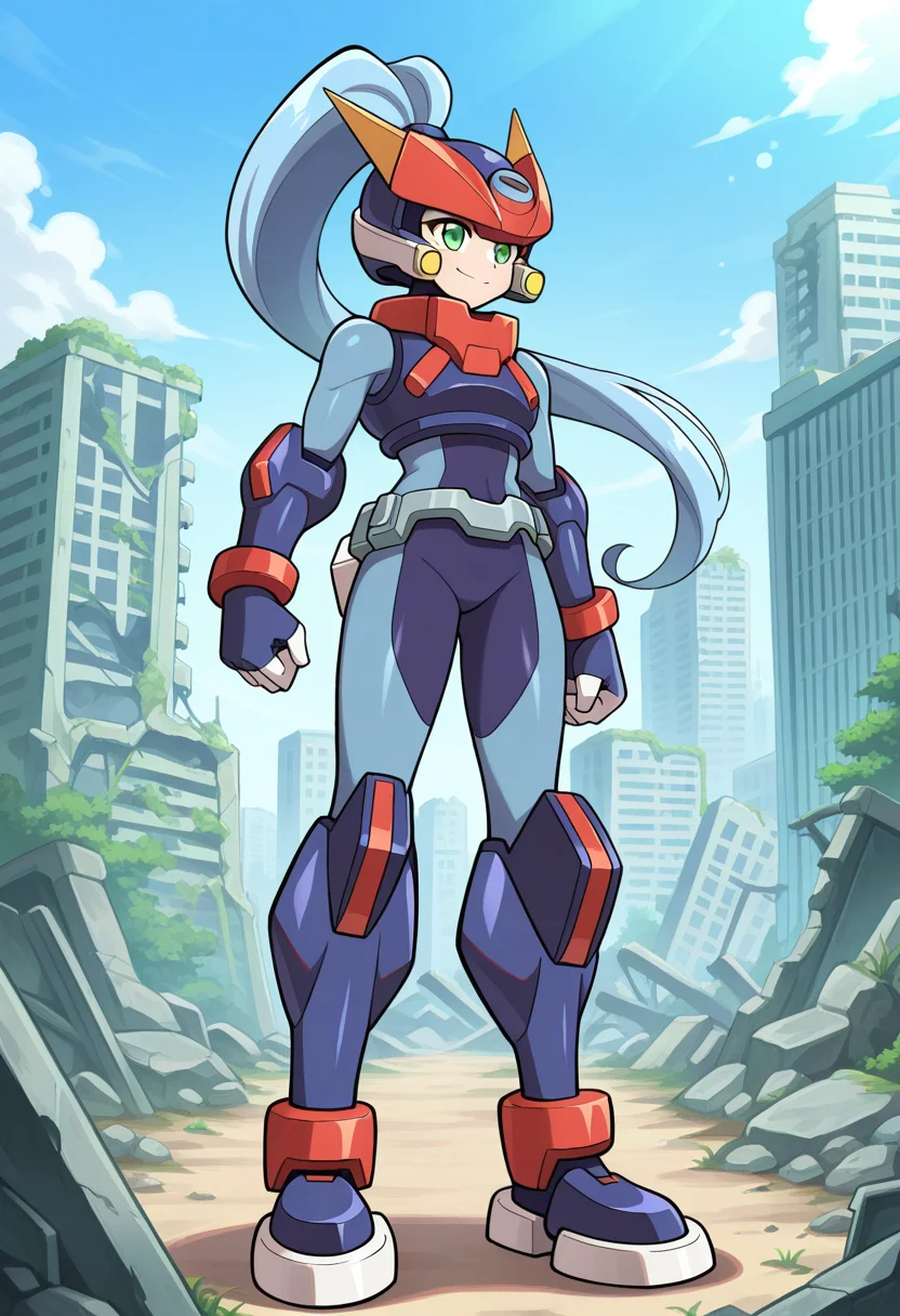 1girl, solo, modelamegarockonmerge, blue hair, long hair, high ponytail, green eyes, helmet, hair through headwear, armor, spandex, metal belt, gauntlets, armored boots, outdoors, ruined city, ruins, full body, standing, smile,