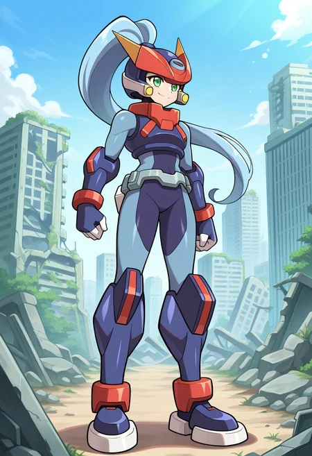 1girl, solo, modelamegarockonmerge, blue hair, long hair, high ponytail, green eyes, helmet, hair through headwear, armor, spandex, metal belt, gauntlets, armored boots, outdoors, ruined city, ruins, full body, standing, smile,