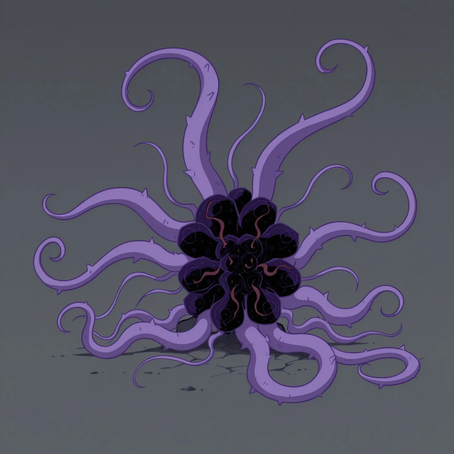 grey background, simple background, solid color background, 2d, BlackMercy, alien, Purple tentacles, on ground, tentacles flailing,

