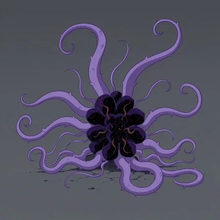 grey background, simple background, solid color background, 2d, BlackMercy, alien, Purple tentacles, on ground, tentacles flailing,

