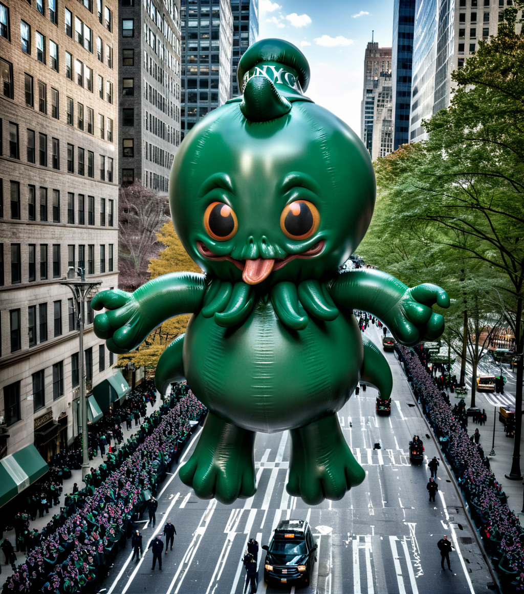 <lora:b41100n_04XL-000008:0.9>a raw photograph of (happy baby cthulhu:1.5) b41100n shaped parade balloon,(floating high above the street:1.2) (with guide ropes:1.1),during Macy's NYC parade,with park and trees behind,with tall buildings in background,(above shot angle:1.1),outdoor,sunshine and shadows,realistic photograph,wide_angle_view,highres,absurdres,hyper realistic,HDR UDH 8K wallpaper,photo realistic,award winning,best quality,masterpiece,intricately detailed,high contrast