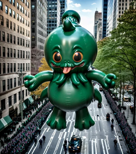 <lora:b41100n_04XL-000008:0.9>a raw photograph of (happy baby cthulhu:1.5) b41100n shaped parade balloon,(floating high above the street:1.2) (with guide ropes:1.1),during Macy's NYC parade,with park and trees behind,with tall buildings in background,(above shot angle:1.1),outdoor,sunshine and shadows,realistic photograph,wide_angle_view,highres,absurdres,hyper realistic,HDR UDH 8K wallpaper,photo realistic,award winning,best quality,masterpiece,intricately detailed,high contrast