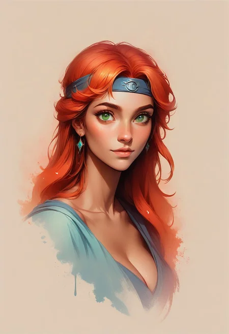 Faded Headshot, faded bottom, faded edges ,score_9,score_8_up,score_7_up,score_6_up,score_5_up,
1girl, Áine, (ultra HD quality details), fair skin, smooth skin, slender, long hair, wavy hair, fiery red hair, green eyes, oval-shaped face, headband, high cheekbones, subtle freckles, delicate features,
digital illustration, disney, rule 63, full body, perfect anatomy, perfect face, abstract beauty, beautiful, centered, looking at the camera, approaching perfection, dynamic, moonlight, highly detailed, watercolor painting, artstation, concept art, smooth, sharp focus, illustration,
(upper body:1.2), (close up:1.5), portrait, huge breasts, deep cleavage,