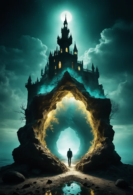 (a treasure made of gold and precious stones)(neon pink)(lit greenish)(turquoise)(dark tones)(intense shadows)(sinister lighting)(disturbing atmosphere)(disturbing contrasts)(night scenes)(light and shadow)(diffuse figures)(distorted elements)(cold tones)(unbalanced composition)(rough textures)(unusual perspectives)(heartbreaking elements)(depth effects)(surreal landscapes)(feeling of claustrophobia)(threatening silhouettes)(details grotesques (altered symmetry) (discordant elements) (surreal theme) (tense atmosphere) (unusual chromatic contrast) (disturbing visual expression) (deformed elements) (visual distortion) (chaotic composition) (unnatural tones) (distorted perspectives) (atmosphere) distressing)(focused lighting)(terror)(mystery)(horror)(dread)(anguish)(disquiet)(disturbance)(darkness)(ghostly)(fear)(sinister)(panic)(threatening)(dread)(dark) )(chilling)(disturbing)(nebulae), <lora:xl_more_art-full_v1:0.5> <lora:PenciLora:1>