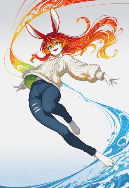 (masterpiece, gradient, recent, good_quality, high_quality, newest, very aesthetic, vibrant_background, abstract_background, colorful, surreal, anime_coloring:1, vectortrace:1, flat_colors:1,rabbit girl,furry,red hair,white rabbit ear,solo,add detailed eyes,green eyes,dressed,happy,long hair,roll-up sweater,jeans,BV-Illu,Dynamic pose, midnight blue gradient background, water,