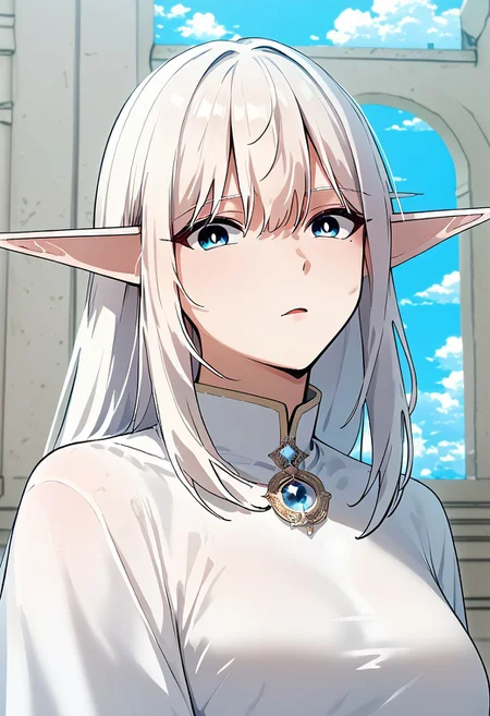 score_9_up, score_8_up, score_7_up, Anime_source, white hair, long hair, blue eyes, elf, pointy ears,