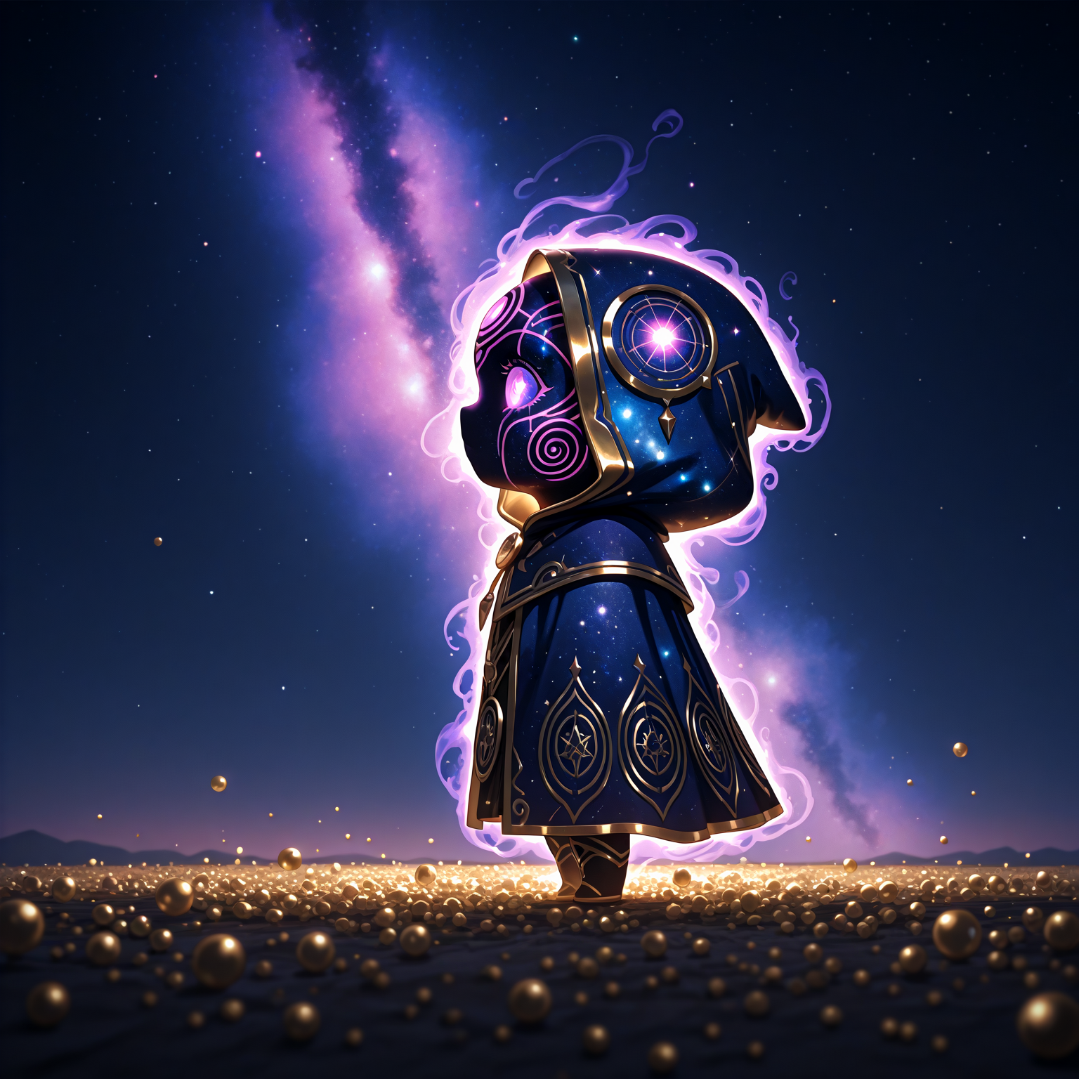 smooth quality, masterpiece, best quality, highly detailed, anime realism, dynamic lighting, chibi, from side, focused subject, mysterious presence, ethereal aura, glowing cosmic eyes, gold trim, intricate golden patterns on tattered hooded cloak, celestial void face, swirling spiral nebula sky, deep space energy, soft yet eerie illumination, otherworldly presence, enchanted meadow, floating cosmic dust, dreamlike atmosphere, cinematic lighting, ultra-detailed textures, radiant celestial glow, enigmatic stance, depth of field. <lora:add-detail-xl:2>