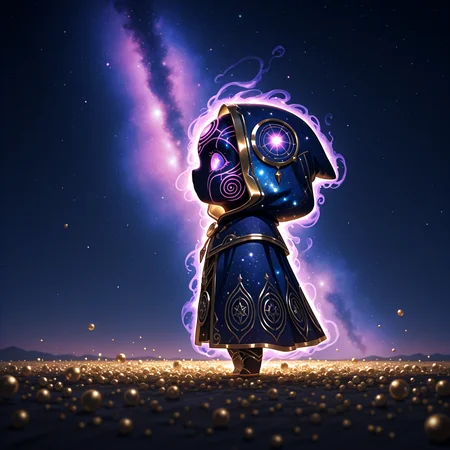 smooth quality, masterpiece, best quality, highly detailed, anime realism, dynamic lighting, chibi, from side, focused subject, mysterious presence, ethereal aura, glowing cosmic eyes, gold trim, intricate golden patterns on tattered hooded cloak, celestial void face, swirling spiral nebula sky, deep space energy, soft yet eerie illumination, otherworldly presence, enchanted meadow, floating cosmic dust, dreamlike atmosphere, cinematic lighting, ultra-detailed textures, radiant celestial glow, enigmatic stance, depth of field. <lora:add-detail-xl:2>