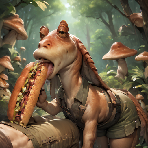 score_9, score_8_up, score_7_up, score_6_up, score_5_up, score_4_up,  PDbinx performing fellatio on a sandwich, 1boy, feral, pose2, looking at viewer, detailed, mushroom forest, engaging,fallacious,  cargo shorts, <lora:epoch-000020:1>,  <lora:EatfreshPDXL:1>