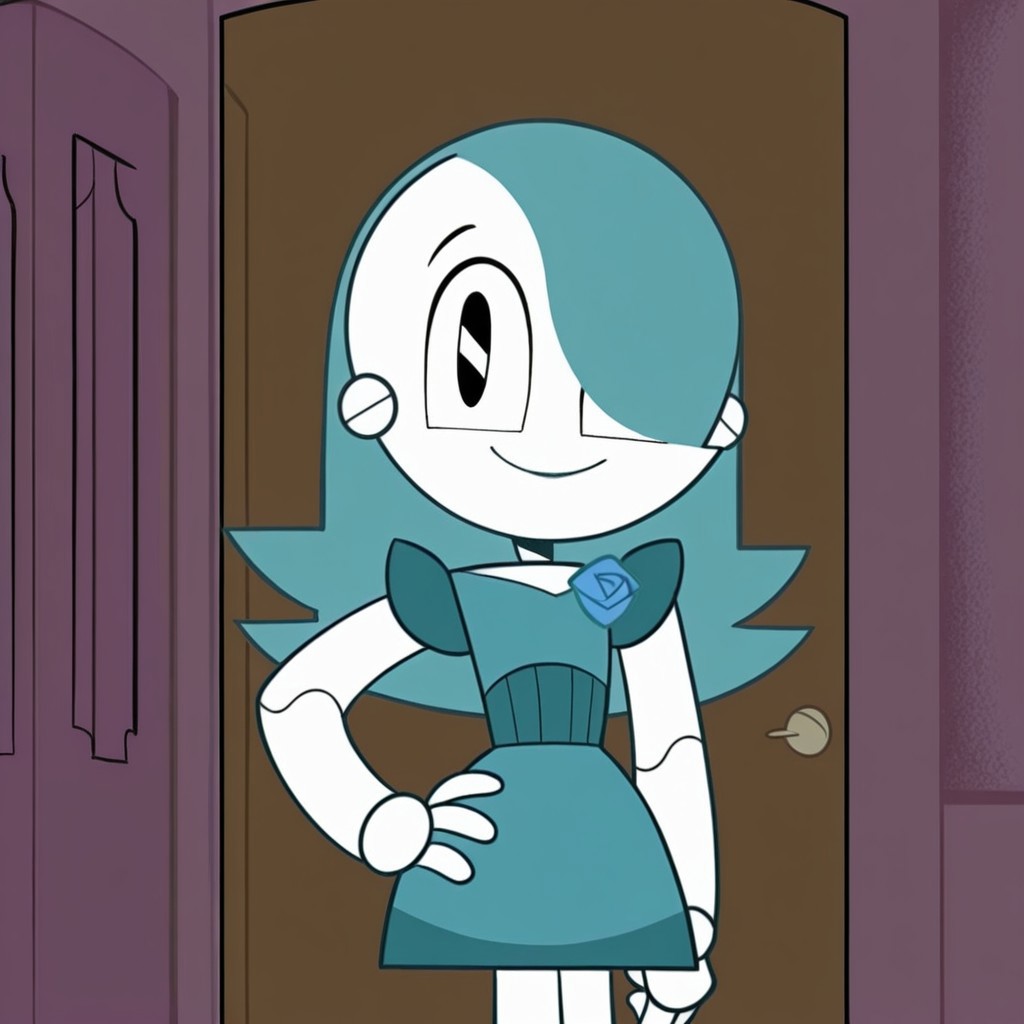 score_10, score_9_up, score_8_up, score_7_up, score_6_up, dance dress jenny, jenny wakeman, 1girl, solo, robot joints, black eyes, long hair, hair over one eye, the Farrah hairstyle, blue rose chest corsage, poofy dress, blue hair, blue dress, flat colors, hand on hip, looking at viewer, smile, upper body, cowboy shot, indoors