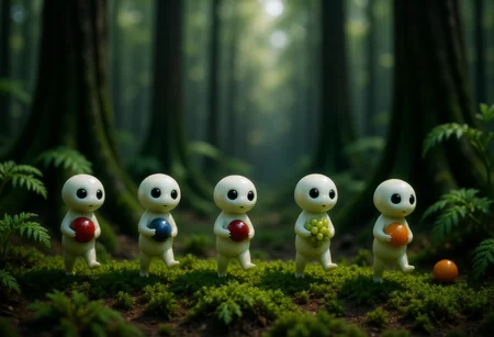 Five tiny white Kodama forest spirits walk in a single line across a mossy forest floor. Each Kodama has smooth, pale white skin with simple rounded features and large, dark eyes. They each hold a different oversized fruitâsuch as a bright red apple, a plump blueberry, a shiny cherry, a green grape cluster, and a small orangeâcarefully cradled in their hands. Towering tree trunks and enormous ferns surround them, with giant leaves arching overhead, emphasizing their small size. Soft sunlight filters through the dense canopy, casting gentle light and shadow across the Kodamas as they move quietly through the lush, enchanted forest. <lora:Kodama_V1:1>