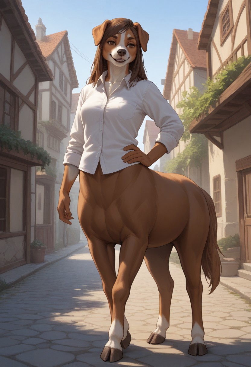 score_9,score_8_up,score_7_up,score_6_up,score_5_up,score_4_up, BREAK female ((Beagle)), centaur, solo, smile, village, day, hooves, brown horse tail, ((furry)), brown hair, swept bangs, dog head, dog ears, dog nose, brown and white fur, hand on hip, (furry hands)