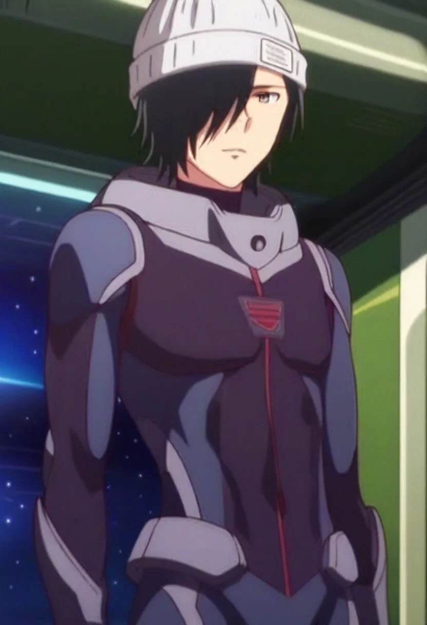 ((masterpiece)), ((best quality)), ((ultra-detailed)), ((absurdres)), score_9_up, score_8_up, score_7_up,
HD, top quality, best quality, amazing quality, High-quality illustrations, anime screencap, source_anime, best aesthetic, perfect proportions, perfect eyes, 1boy, 1male, solo boy, solo male, male focus, solo male focus, Anime, boy, male anime character, anime boy, handsome, cute, charming, Ulgar Zweig, black hair, hair over one eye, gray eye, beanie, bodysuit, ((toned body, lean body)), ((cowboy shot, head to hips shot)), ((inside spaceship, outer space)), easynegative, updn, Expressiveh, masterpiece, best quality, very aesthetic, absurdres