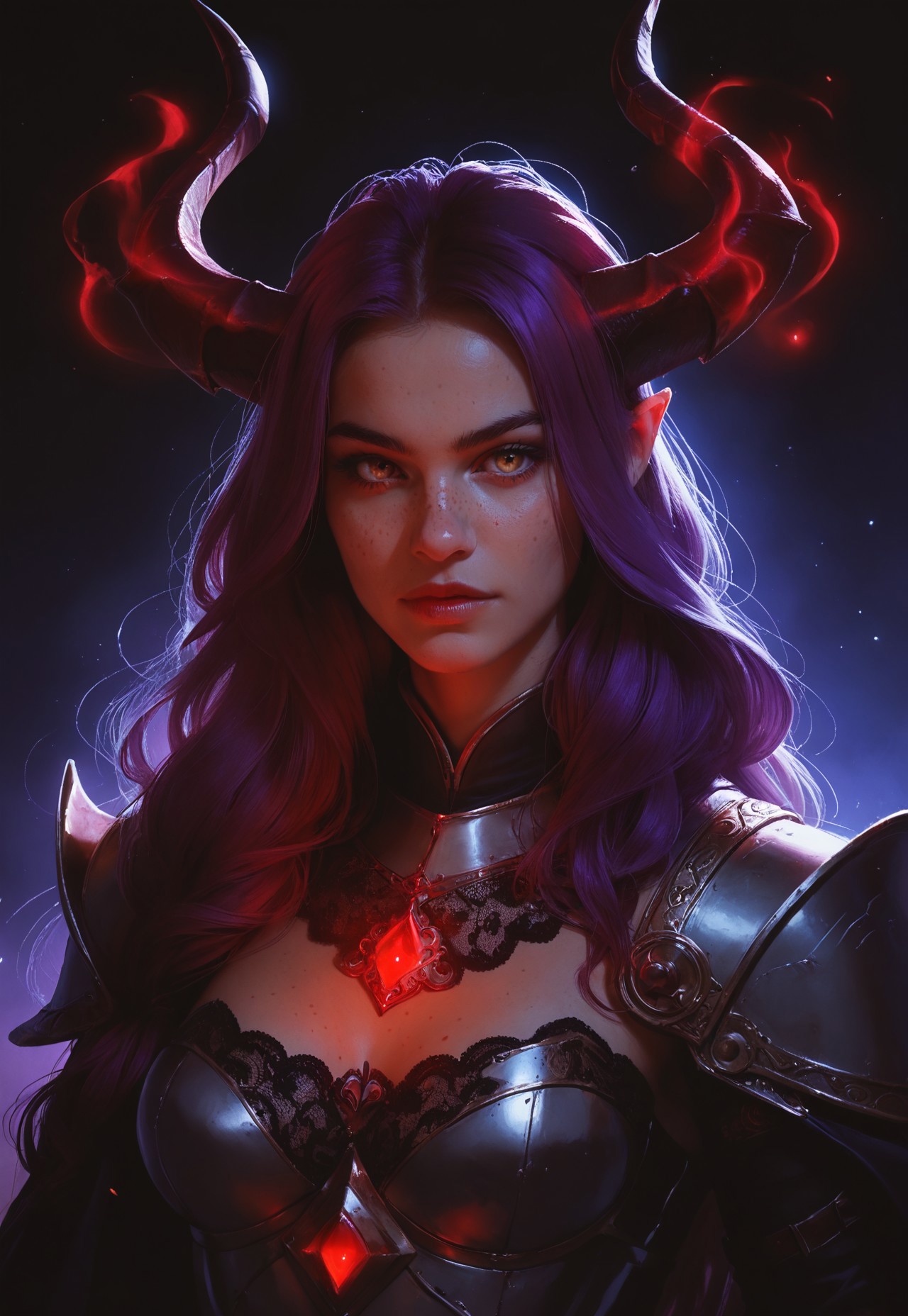 safe_pos, 1girl, demoness, pink and purple hair, horns, armor, red lace robes, 

magic, glowing, lighting arcs, 

long hair, medium breasts, freckles, 

simple ethereal dark background, upper body, 

score_8, score_9_up,