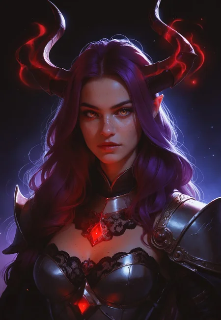 safe_pos, 1girl, demoness, pink and purple hair, horns, armor, red lace robes, 

magic, glowing, lighting arcs, 

long hair, medium breasts, freckles, 

simple ethereal dark background, upper body, 

score_8, score_9_up,
