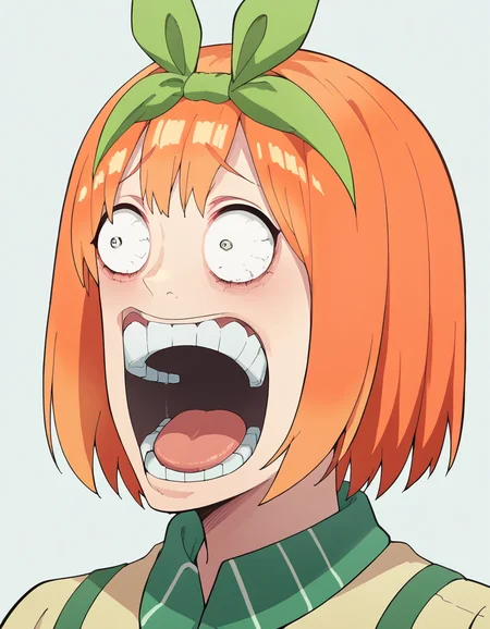 score_9, score_8_up, score_7_up, source_anime, <lora:yotsuba-nakano-s2-ponyxl-lora-nochekaiser:1>, yotsuba nakano, bangs, short hair, hair ribbon, hairband, orange hair, green ribbon, large breasts,, <lora:enel-face-ponyxl-lora-nochekaiser:1> enel face, open mouth, wide-eyed, teeth, tongue,, , ,