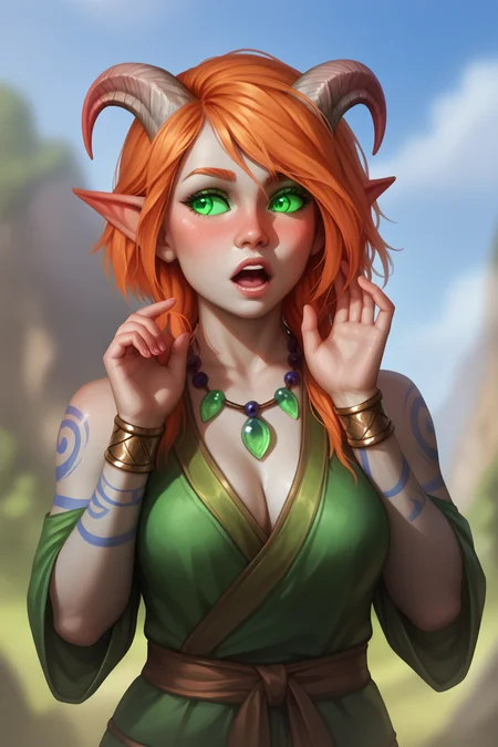 score_9, score_8_up, score_7_up, score_6_up, detailed drawing, 1girl, beautiful, tiefling druid, orange hair, short hair with long locks, small horns, war paint, tribal markings, grey skin, green eyes, glowing eyes, colored sclera, dynamic shot, upper body, raised eyebrow, surprised, open mouth, outdoors, colored skin, natural green robes, bead necklace, hands up, nose blush, looking away, <lora:Calmlike_V3:1> calmfd, <lora:add-detail-xl:.6>, <lora:RMSDXL_Enhance:.6>, <lora:EnvyDramaticLightingXL01:.5>