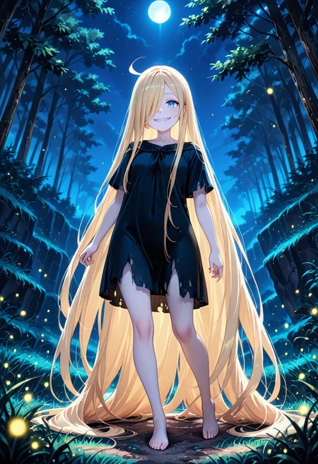 1girl, solo, masterpiece, best quality, newest, absurdres, CG, anime, source anime, illustration, very aesthetic, high resolution, ultra-detailed, newest, scenery, medium depth of field, rule of thirds, masterpiece-level, clean lines,
BREAK 1girl, ((solo)), ru1, blonde hair, absurdly long hair, blue eyes, hair over one eye, sharp teeth, antenna hair, pale skin,
torn black dress, short sleeves, barefoot
dynamic pose, standing, grin, posing, extends her left hand to the viewer, looking at viewer
outdoors, meadow, fireflies, night, moonlight
cinematic angle, various angles, detailed background, beautiful background, (rays light:1.0),(grow:1.0) mystical, luminism, vibrant colors, light particles