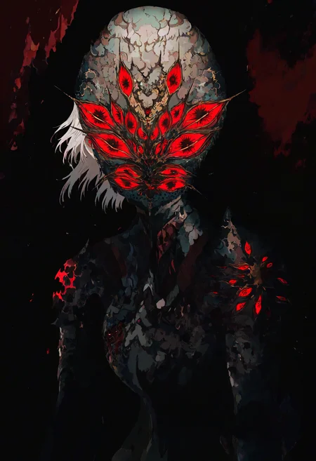 masterpiece, highres, absurdres, newest, very awa, 1other, solo, armor, mask, red eyes, short hair, partially broken helmet, eye focus, extra eyes, upper body, looking at viewer,
<lora:spo_sdxl_10ep_4k-data_lora_webui>, <lora:TA_trained:0.35>, <lora:NOOB_EPSv1_1_detailer_by_vlnvk_v0_5>, <lora:mon_monmon2133-000015>