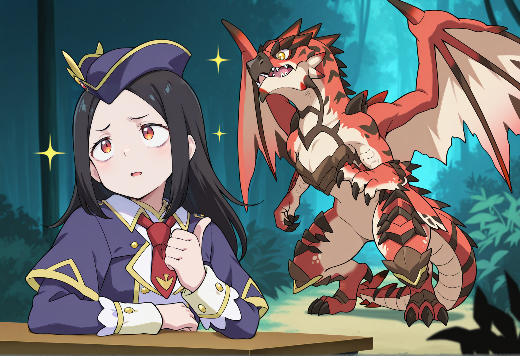 anime screenshot, anime screencap, anime coloring,  look_at_my_tsukasa, parody, sparkles, upper body, thumbs up, table, 1girl, 1girl, long hair, black hair, bicorn, blue coat, capelet, red necktie, jungle <lora:luchika_mh:1> <lora:Look_at_my_Tsukasa_medalist_meme:1>
BREAK
anime screenshot, anime screencap, anime coloring, outdoors, jungle, rathalos, monster, no humans, wings, full body, masterpiece, best quality, amazing quality, very aesthetic, absurdres, highres, newest