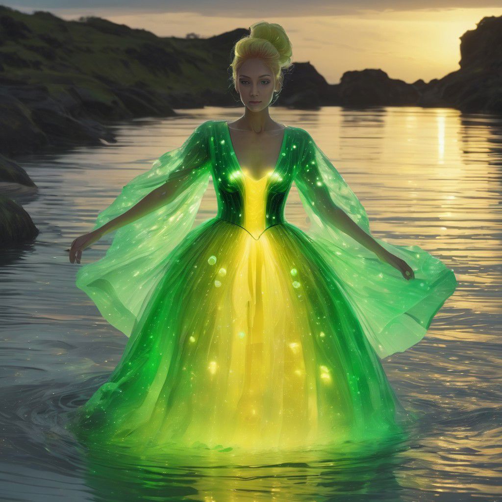 a fully clothed woman with a yellow and green bioluminescent dress in water