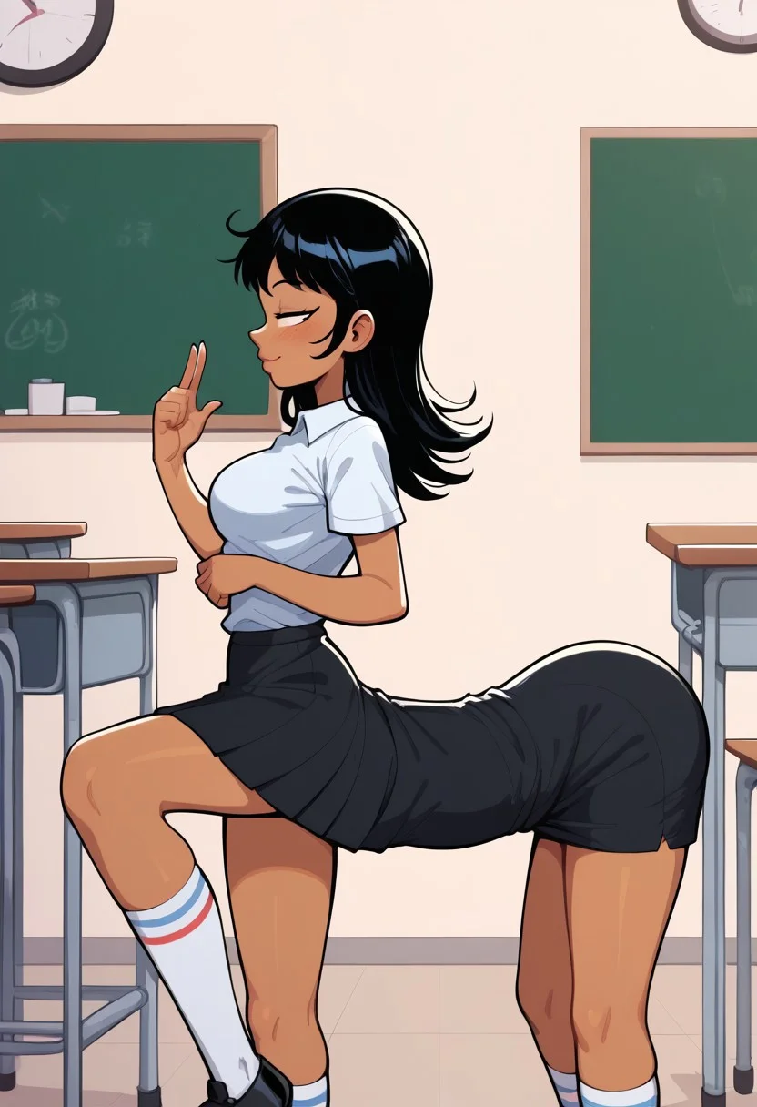 score_9, score_8_up, score_7_up, BREAK,
Stella tlh, white shirt,
black skirt, short sleeves, socks, striped, dark-skinned female,
thick lineart, anime cartoon, Lewdua Style, anime style,
classroom, standing,
(full view from side:1.4),medium perky round breasts, (humantaur:1.3), ((full body view)), solo,
Female humantaur, Humantaur, second human body, from side, four legs, multilegged, multiple legs, taur, (1girl, solo, alone),