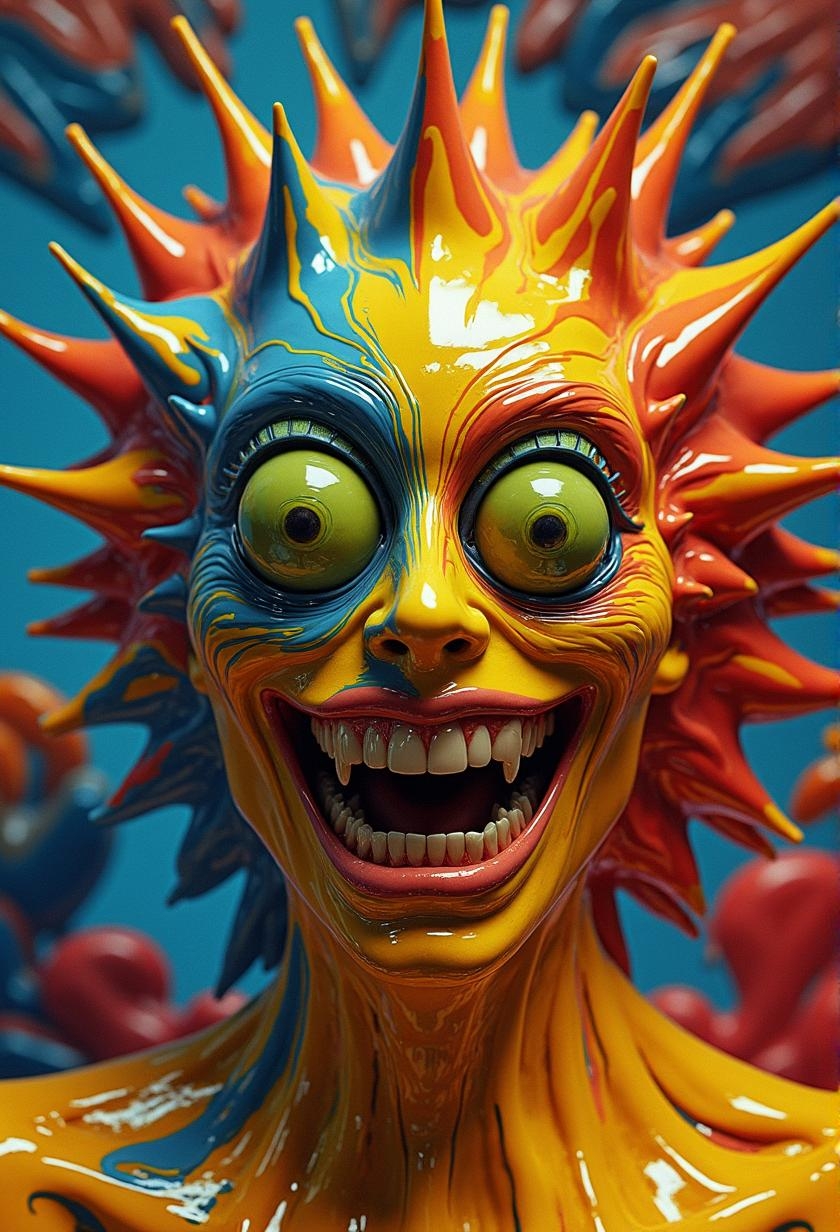 <lora:1970's (Boogie Nights Film style) v1.safetensors:1> 1970's
In the heart of a surreal, high-gloss world, a face emerges, constructed from a liquid-like substance that shimmers with a vibrant, tri-color palette of blue, yellow, and red. The face is a blend of chaos and playfulness, its form flowing and distorted in organic, liquid dynamics. Jagged spikes, like a sunburst, extend from the top, their edges dripping and merging with the background, creating a sense of fluid movement and constant transformation.
The eyes are disproportionately large, vividly green, with dark pupils that seem to swirl with a manic energy. These eyes, set in a face that reflects well-defined, directional light, are ultra-smooth with hyper-realistic reflections, adding to the surreal, contemporary aesthetic. A wide, manic grin dominates the lower half, exposing rows of sharp, crooked teeth that gleam with a wet, reflective quality. The teeth, like everything else, seem to be in a state of constant flow, as if they are about to melt and merge with the surrounding liquid.
The background consists of colorful, abstract shapes that radiate outwards in bold, striking hues of blue, yellow, and red. These shapes, with their vibrant gradients and deep shadows, add to the sense of three-dimensionality and depth, enhancing the overall mood of the scene. The entire composition exudes a sense of playfulness and avant-garde expression, merging realism with abstract, exaggerated features to create a visually stunning and captivating image.