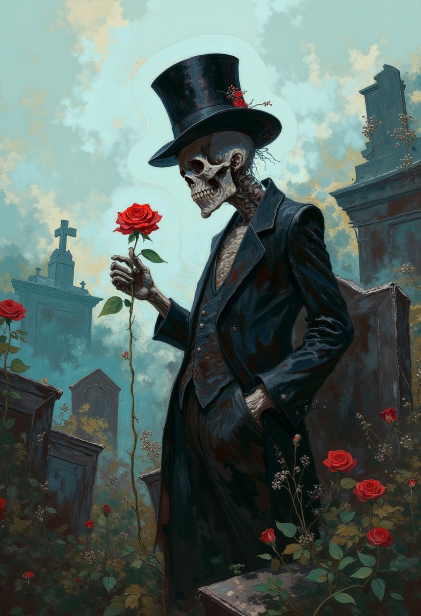 oil painting of 
Skeleton man with a top hat, amidst ancient tombstones, holding a delicate red rose, soft mystical light, fog rolling over graves
, visible brushstrokes, atmospheric haze, low key, moody lighting,watercolors,DB4RZ, DB4RZ style painting