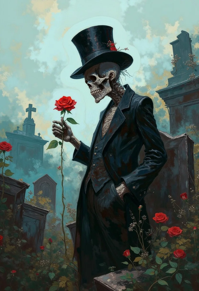 oil painting of
Skeleton man with a top hat, amidst ancient tombstones, holding a delicate red rose, soft mystical light, fog rolling over graves
, visible brushstrokes, atmospheric haze, low key, moody lighting,watercolors,DB4RZ, DB4RZ style painting