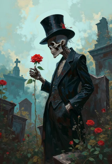 oil painting of 
Skeleton man with a top hat, amidst ancient tombstones, holding a delicate red rose, soft mystical light, fog rolling over graves
, visible brushstrokes, atmospheric haze, low key, moody lighting,watercolors,DB4RZ, DB4RZ style painting