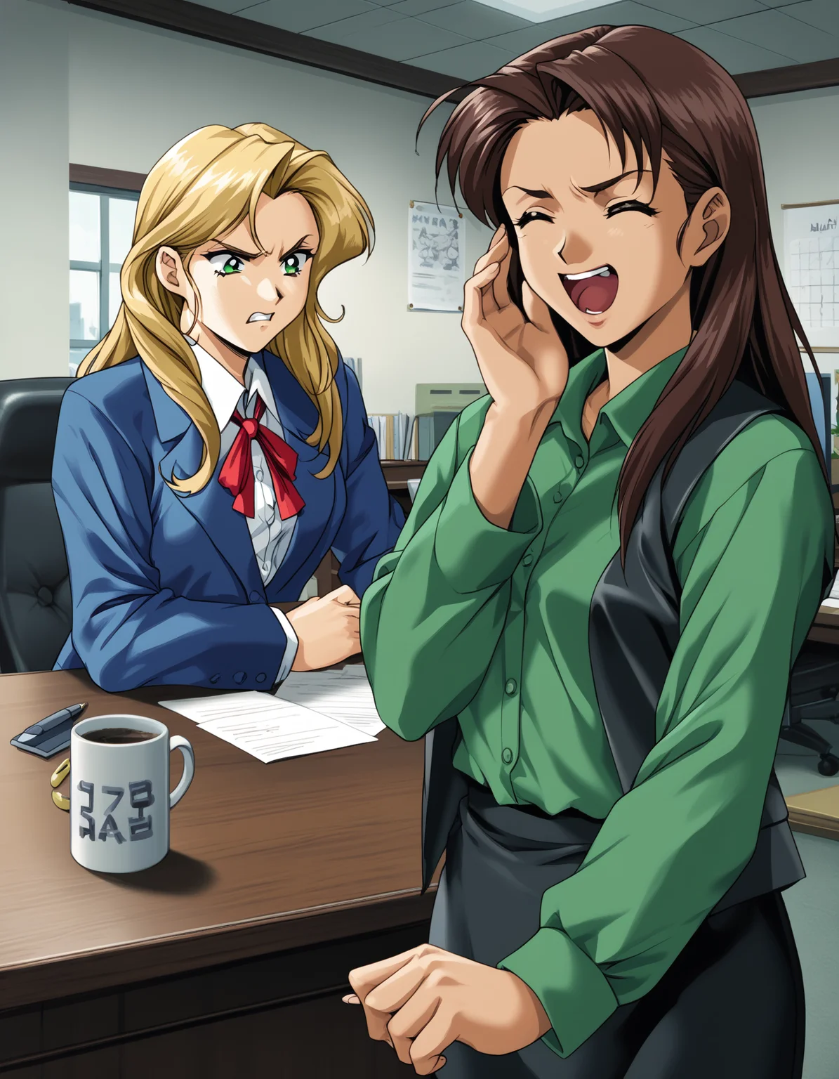 score_9,  score_8_up, score_7_up, <lora:shuusaku-v2-ponyxl-000016:0.8> 2girls, office, arguing, upper body
 2girls, office, arguing, upper body, kaori, green eyes, blonde hair, blue jacket, neck ribbon, red ribbon, blue skirt, annoyed
 2girls, office, upper body, moeko, dark-skinned female, leather vest, green shirt, navel, leather skirt, happy, laughing, open mouth, (closed eyes:1.)