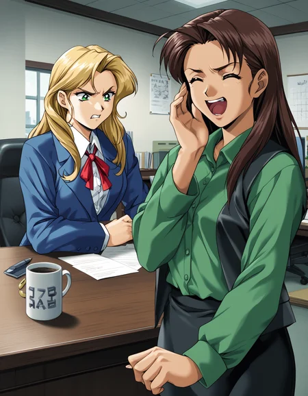 score_9, score_8_up, score_7_up, <lora:shuusaku-v2-ponyxl-000016:0.8> 2girls, office, arguing, upper body
2girls, office, arguing, upper body, kaori, green eyes, blonde hair, blue jacket, neck ribbon, red ribbon, blue skirt, annoyed
2girls, office, upper body, moeko, dark-skinned female, leather vest, green shirt, navel, leather skirt, happy, laughing, open mouth, (closed eyes:1.)