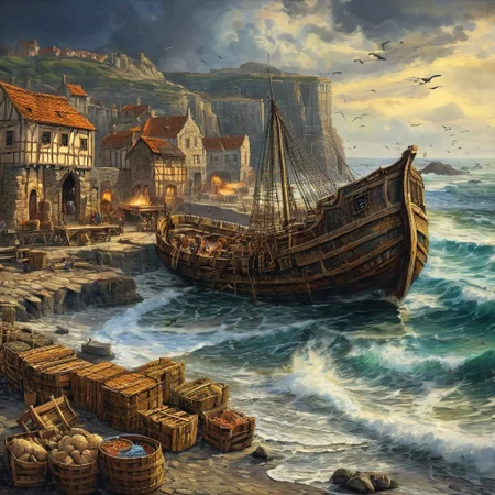 style of [ Eytan Zana | Alfons Walde | Halil Ural ], score_9, score_8_up, score_8_up, ng_deepnegative_v1_75t,colorful, magical, dreamlike, painterly,  iillustration, shattered bedrock, a frantic seaside town (mercantile, medieval, longboats, barrels, crates, netting, crowds, horses, sheep, pigs, piers, frigates, vessels), churning waves, majestic seaside cliffs, a shoreline, storm-laden skies, very detailed: 1.5
, masterpiece, PYS-XL,