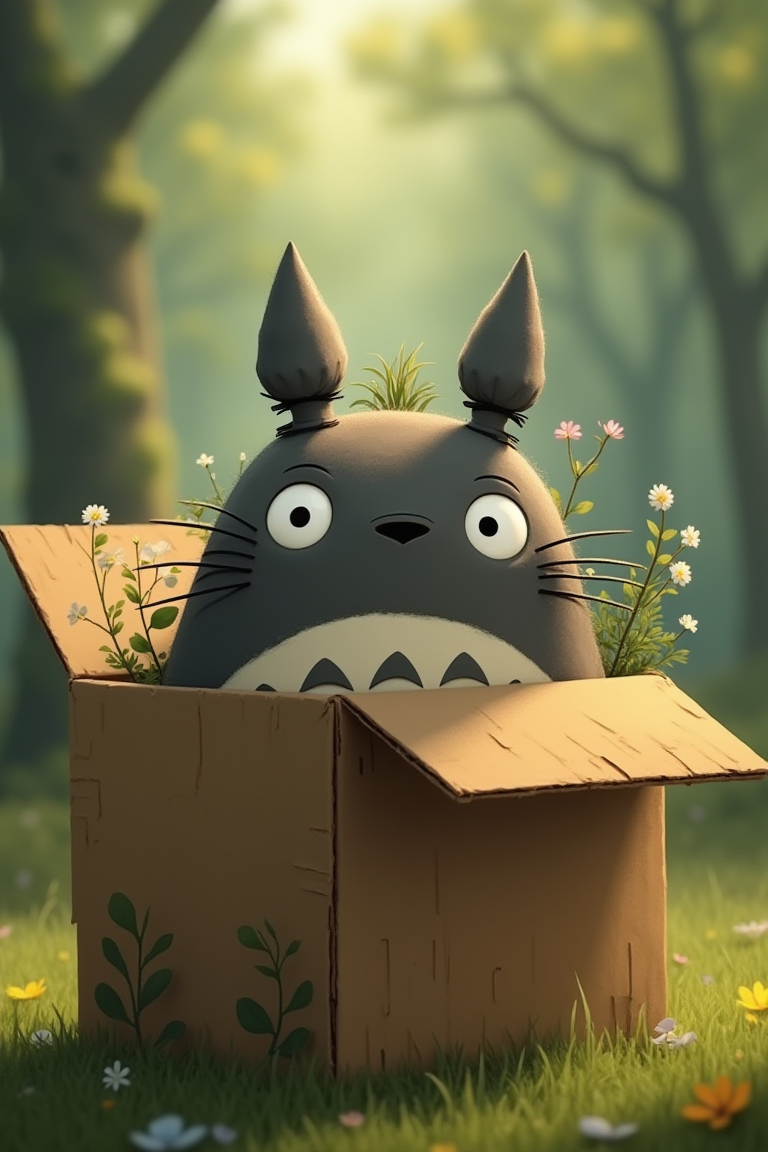 A whimsical scene of Totoro's curious face peeking out from a worn cardboard box. The box's flaps are slightly ajar, revealing the forest spirit's endearing expression. Soft light filters through the cardboard, casting a warm glow on Totoro's gentle features. In the background, a blurred forest landscape is visible, with trees and flowers seemingly bursting forth from the box itself.