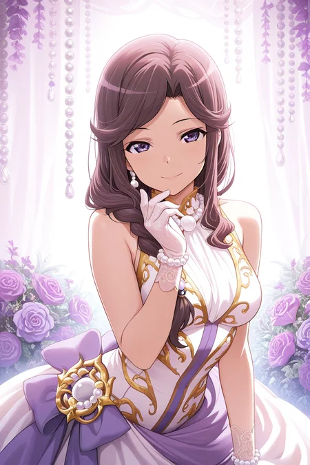 masterpiece, best quality, amazing quality,
 <lora:Maya_IL:1> maya, 1girl, flower, solo, hair over shoulder, purple eyes, gem, gloves, jewelry, pearl (gemstone), dress, long hair, beads, looking at viewer, sleeveless, smile
