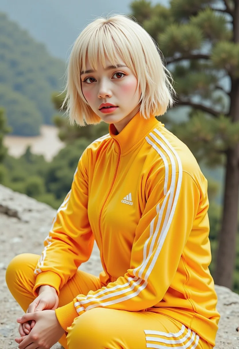A photo in aestheticphotographyjp style,photorealistic, captured with a Fujifilm X100VI (f/2.8, 120mm),highly detailed,white hair,short hair, sharp bob haircut and delicate fringe elegant sophistry, digital illustration in a realistic fantasy style,  Every note she sang was a thread, weaving a tapestry of forgotten futures, Adidas, wearing a full tracksuit in  [yellow]. The tracksuit features a zip-up jacket with a high collar and matching pants. Adidas Logo Both pieces have three white stripes running down the sleeves and along the sides of the pants, a signature design element. The Adidas logo appears on the left side of the jacket, represented in white.,squatting