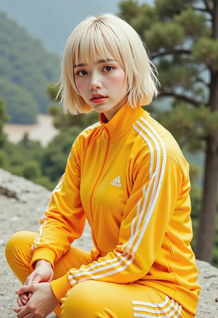 A photo in aestheticphotographyjp style,photorealistic, captured with a Fujifilm X100VI (f/2.8, 120mm),highly detailed,white hair,short hair, sharp bob haircut and delicate fringe elegant sophistry, digital illustration in a realistic fantasy style,  Every note she sang was a thread, weaving a tapestry of forgotten futures, Adidas, wearing a full tracksuit in  [yellow]. The tracksuit features a zip-up jacket with a high collar and matching pants. Adidas Logo Both pieces have three white stripes running down the sleeves and along the sides of the pants, a signature design element. The Adidas logo appears on the left side of the jacket, represented in white.,squatting
