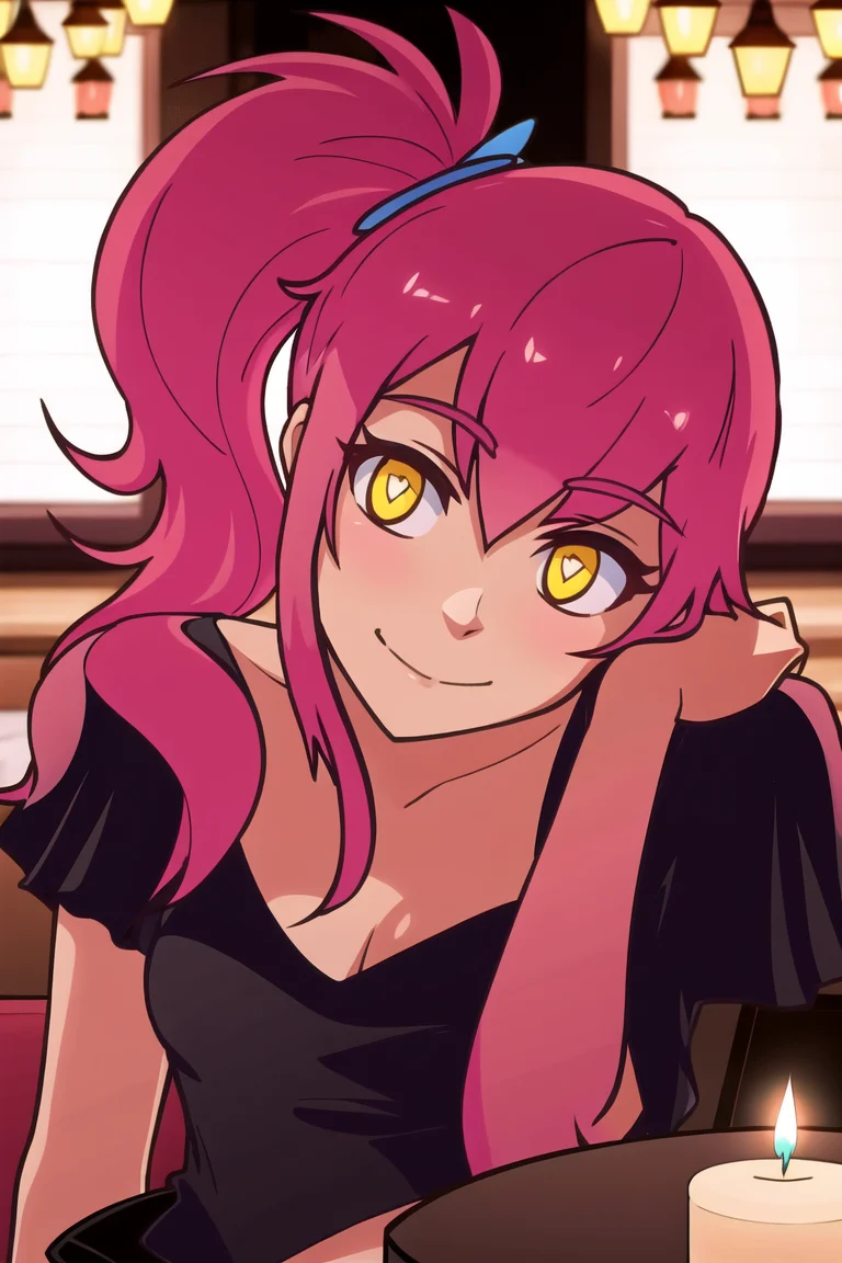 masterpiece, best quality,<lora:Sunny_of_Spades:0.7>,

Sunny of Spades, 1girl, solo, navel, midriff, gentle smile, ponytail, pink hair, food, (black dress, jewelry, ) , sitting seductively, restaurant, fancy restaurant, candlelight, chandelier, head tilt, head rest, looking at viewer, full body,